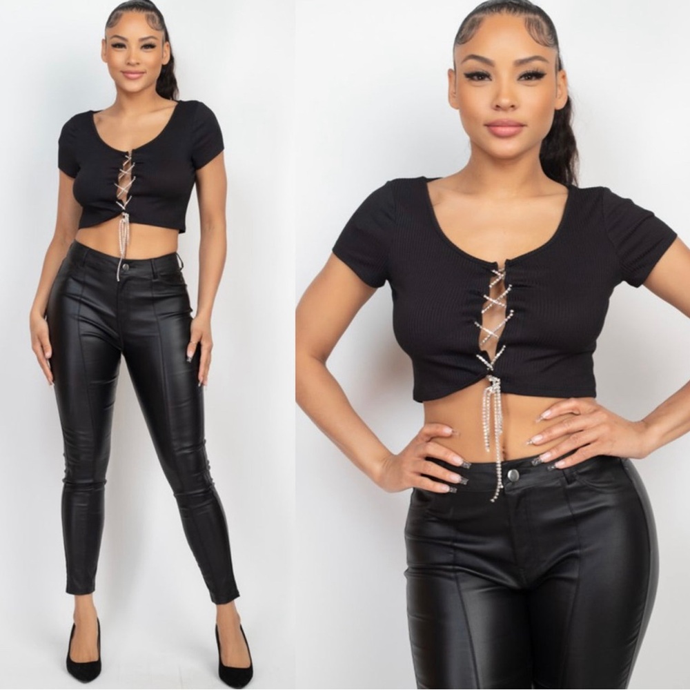 Crop rhinestone lace up top in black - Picture 2 of 6